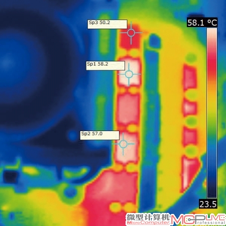 主板在长时间运行OCCT拷机测试后的发热量并不高，在15℃室温环境下，其输出电感的高温度在58℃左右。